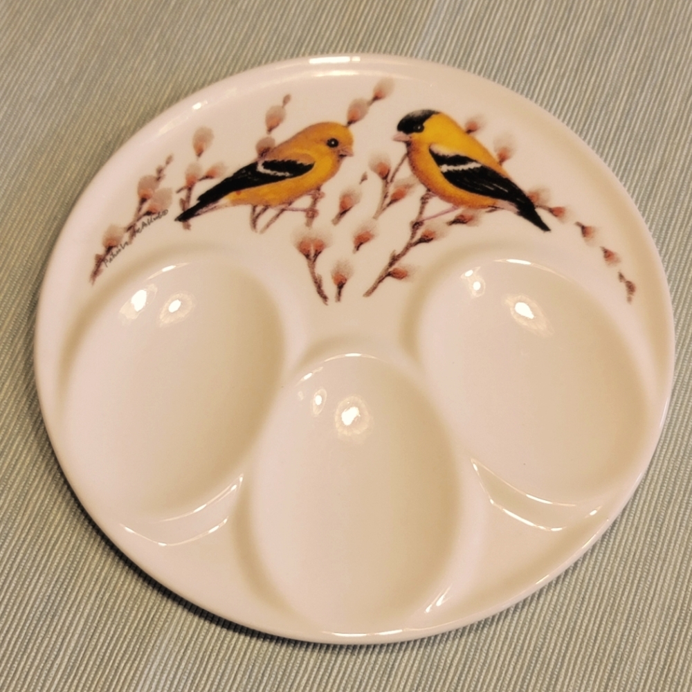 Vintage Goldfinches Ceramic Triple Spoon Rest
